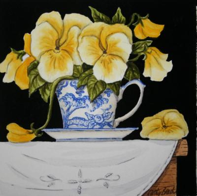 Old Teacup with Giant Golden Pansies SOLD