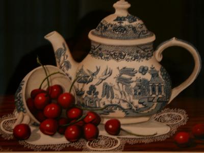 Blue Willow Teapot with Cherries SOLD